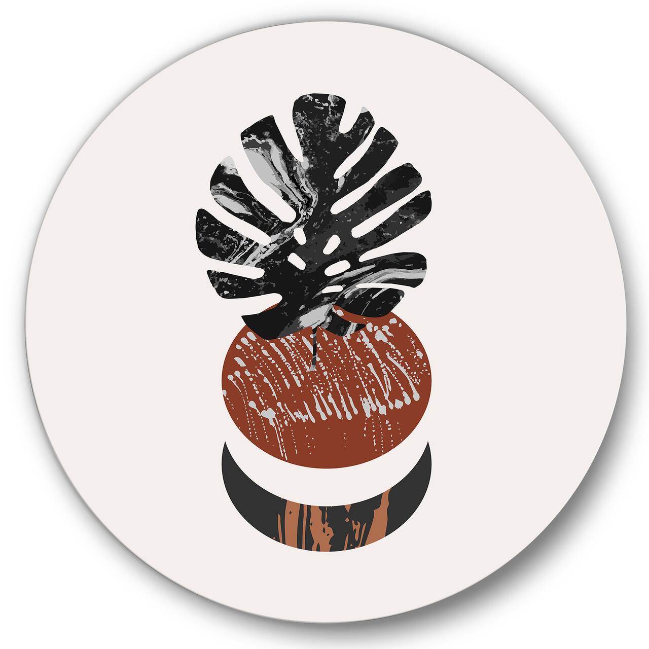 Designart - Abstact Minimal Sun, Moon & Tropical Palm Leaf II - Modern Metal Circle Wall Art